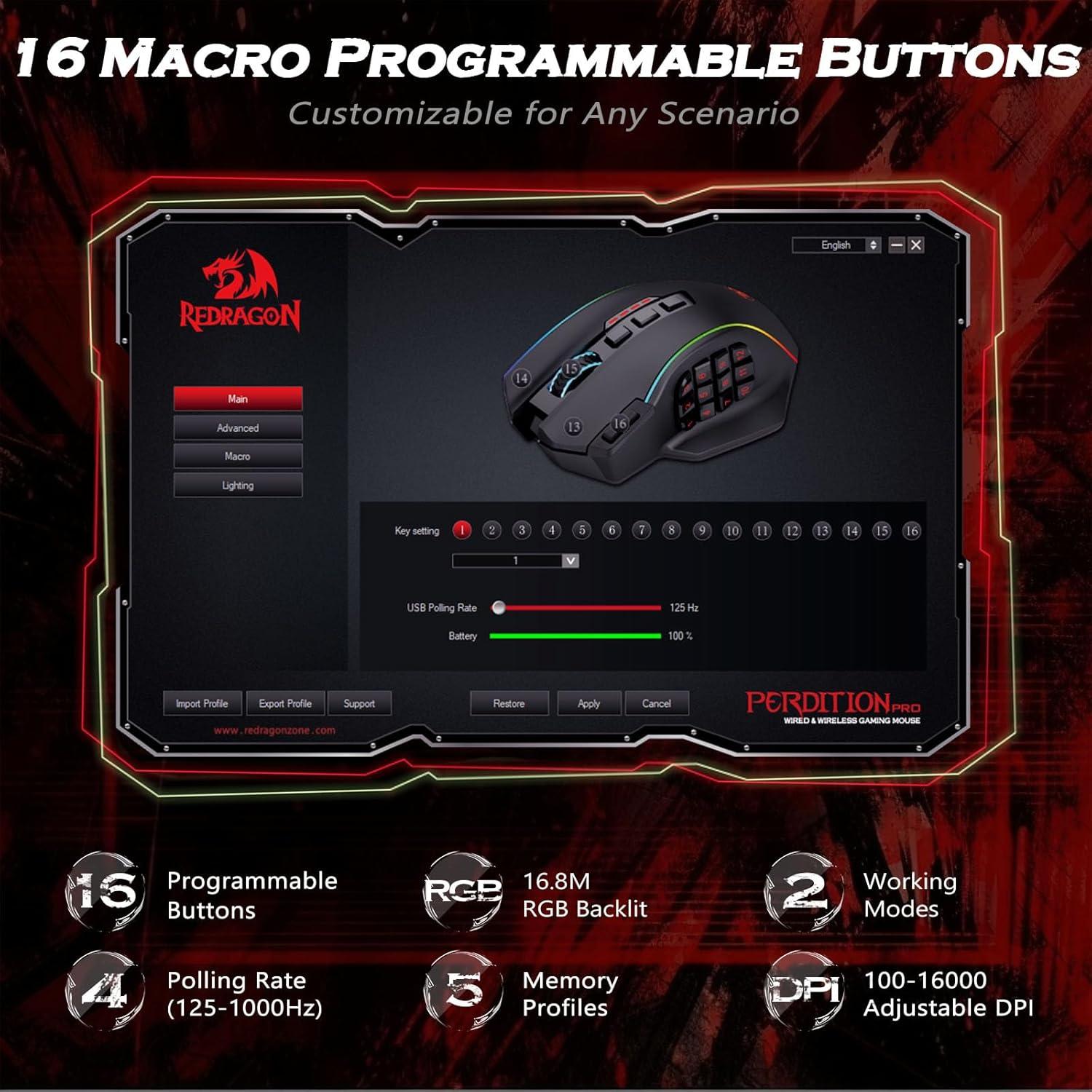 Ratón Gaming Redragon M901K 12400 DPI 16 Botones RGB
