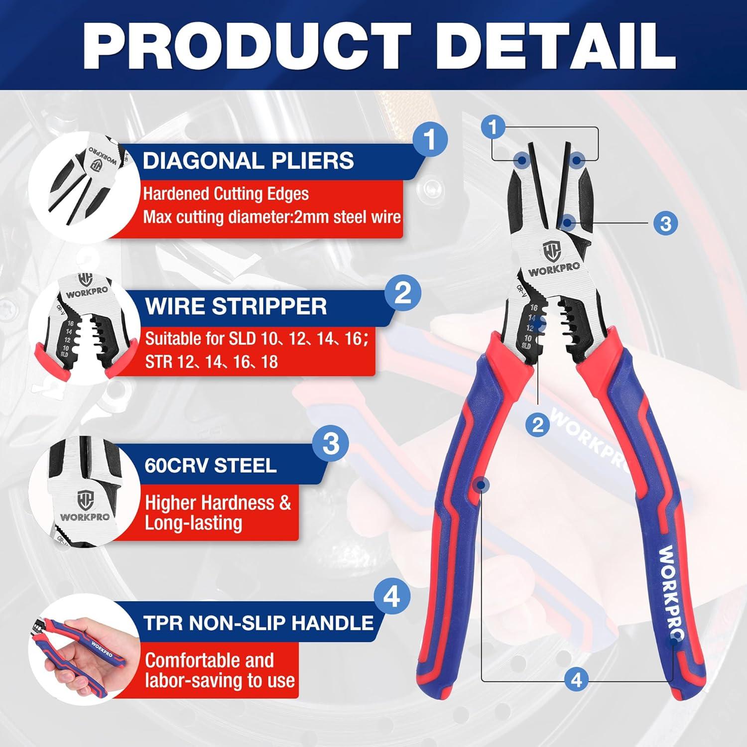 Alicates de Corte Diagonal WORKPRO 19 cm Multifuncionales
