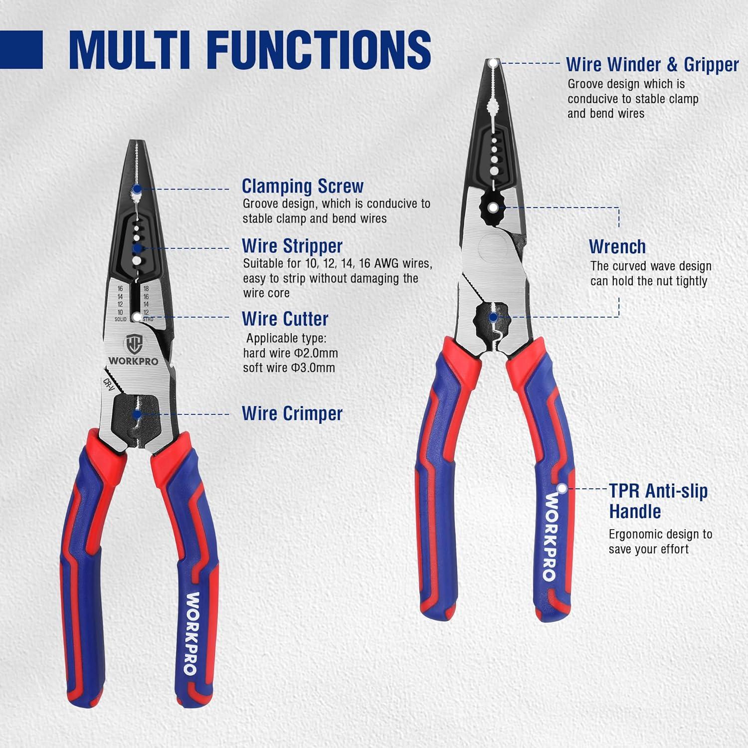 Alicates de Punta Larga WORKPRO 20 cm Multifuncionales