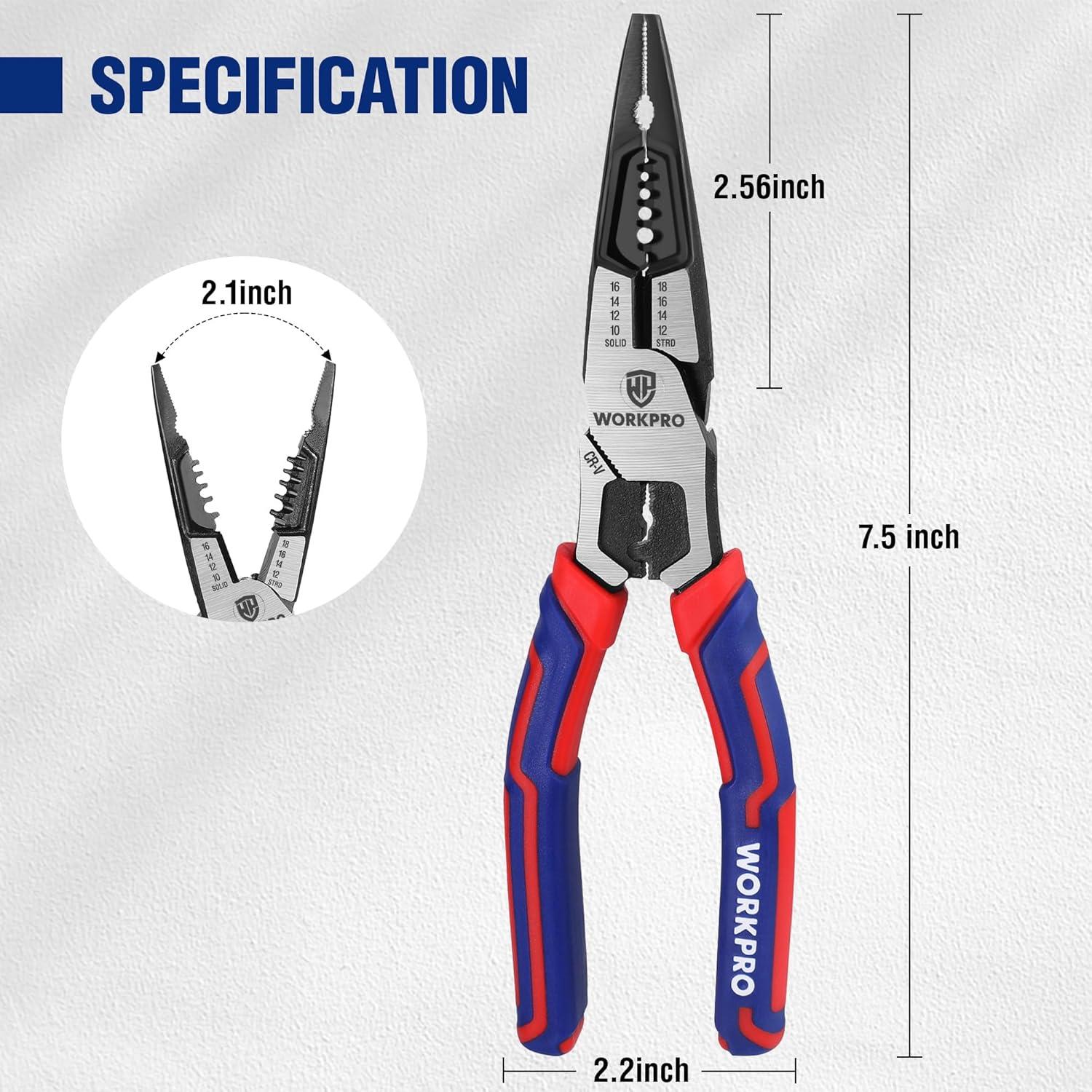 Alicates de Punta Larga WORKPRO 20 cm Multifuncionales