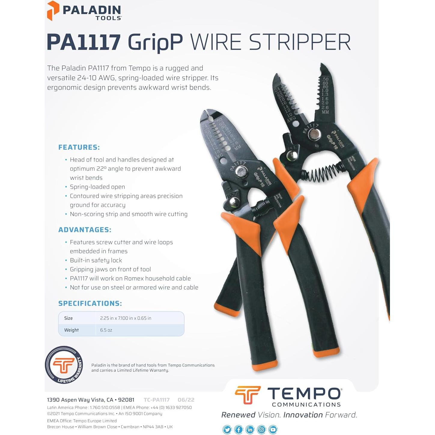 Desforradora y Cortadora de Cables Paladin PA1117 10-24 AWG