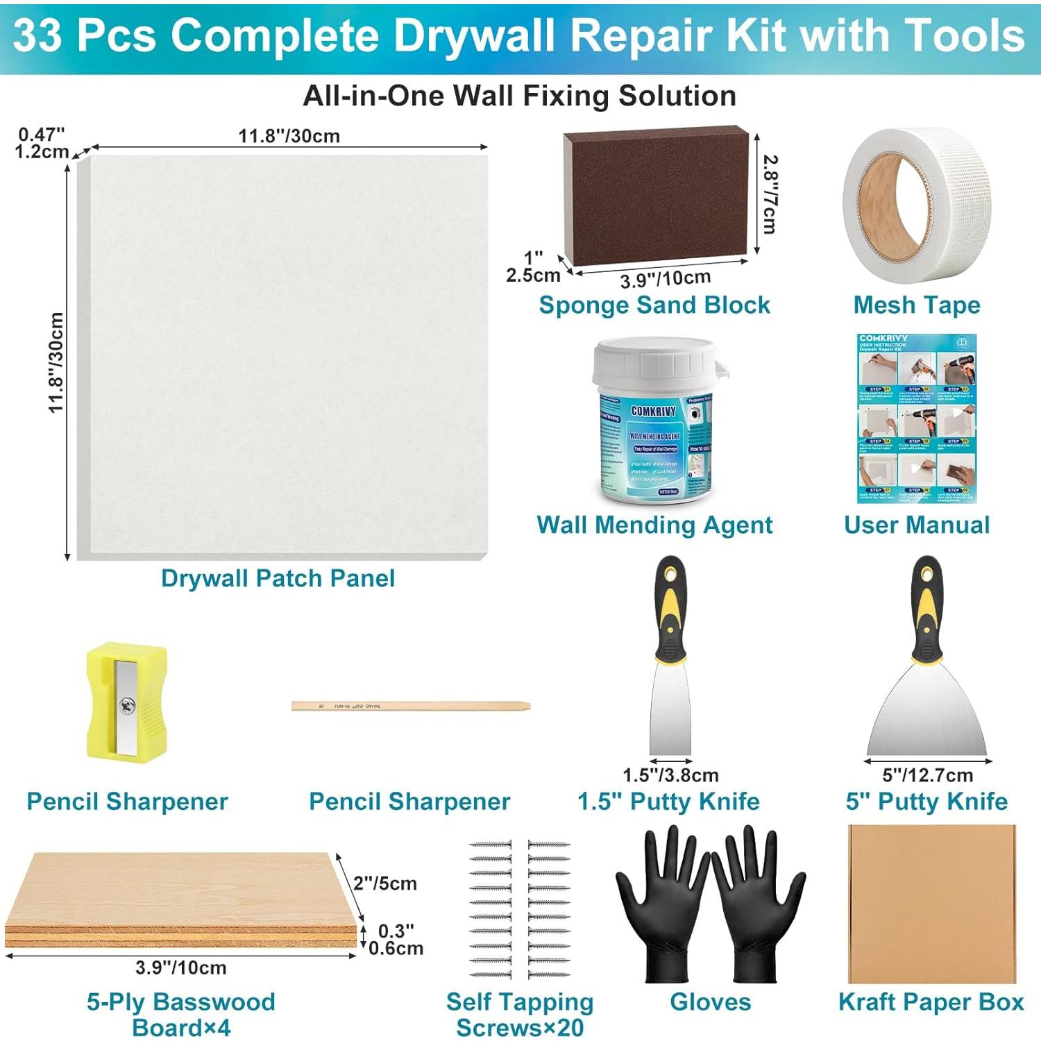 Kit de Reparación de Drywall Comkrivy 30.48cm 33-en-1 con Masilla