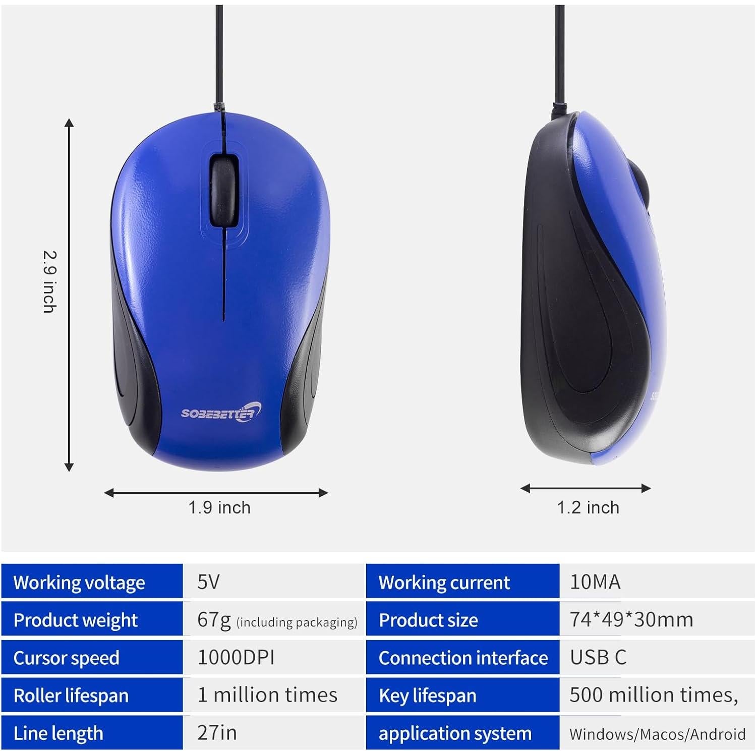 Ratón Mini USB C HXMJ Retráctil 1600 DPI Azul