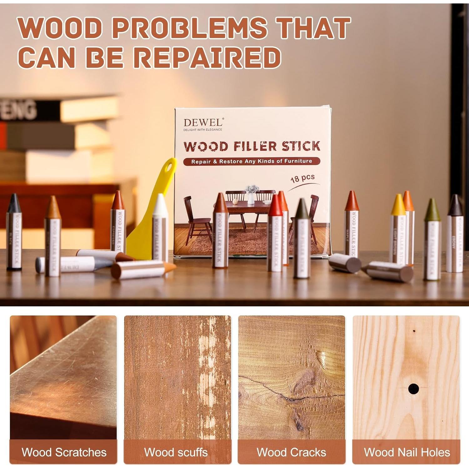 DEWEL Kit de Reparación de Madera - 18 Palos de Cera de Colores