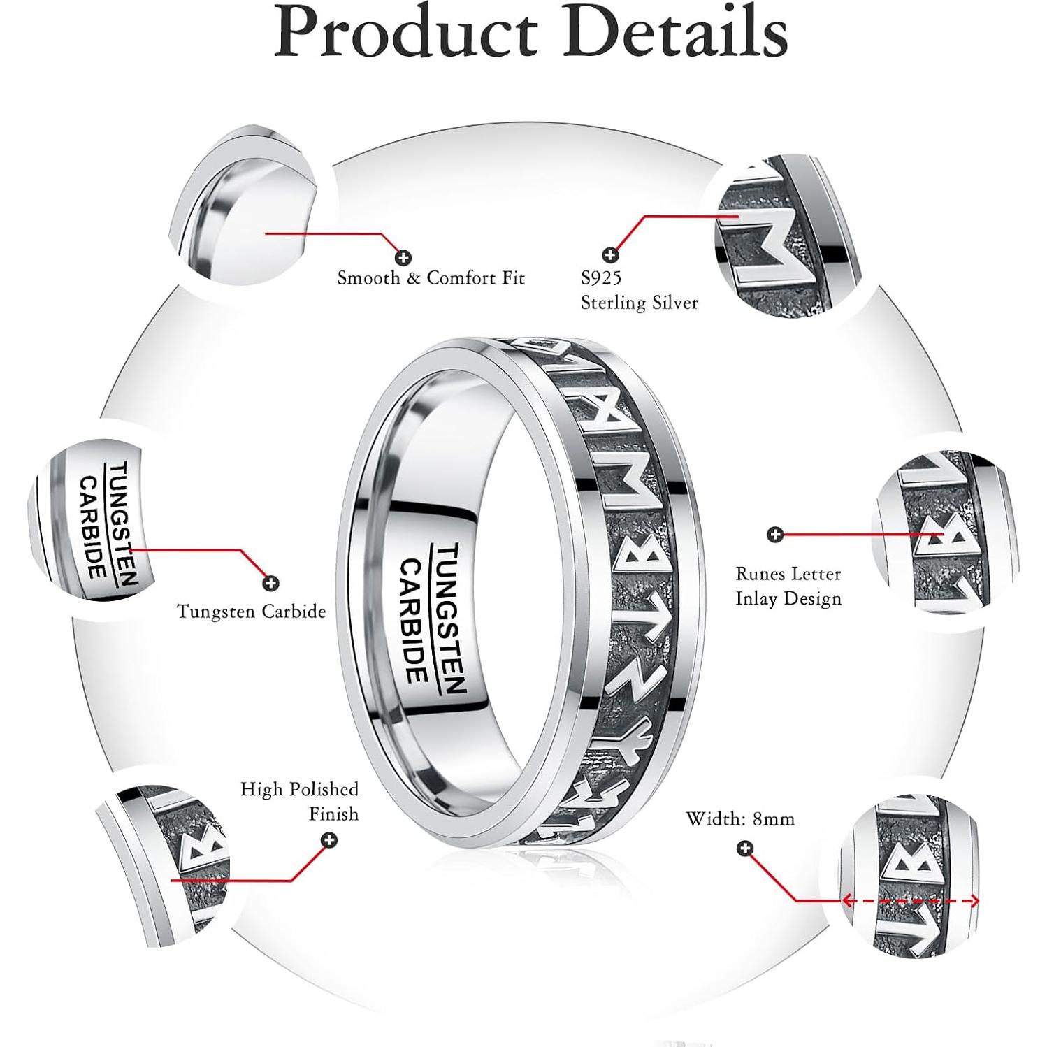 Anillo de Boda de Tungsteno NUNCAD con Runas de Plata 8mm