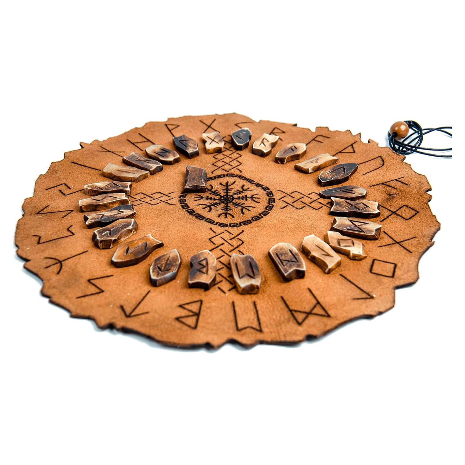 Juego de Runas Vikingas de Hueso con Tapete de Cuero Premium