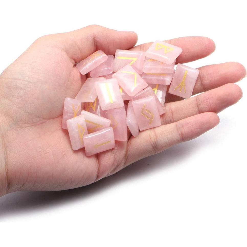 Juego de Piedras Rúnicas de Cuarzo Rosa con Alfabeto Futhark