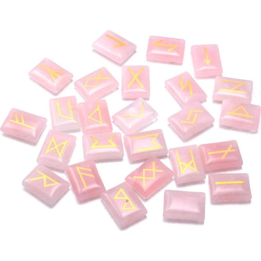 Juego de Piedras Rúnicas de Cuarzo Rosa con Alfabeto Futhark