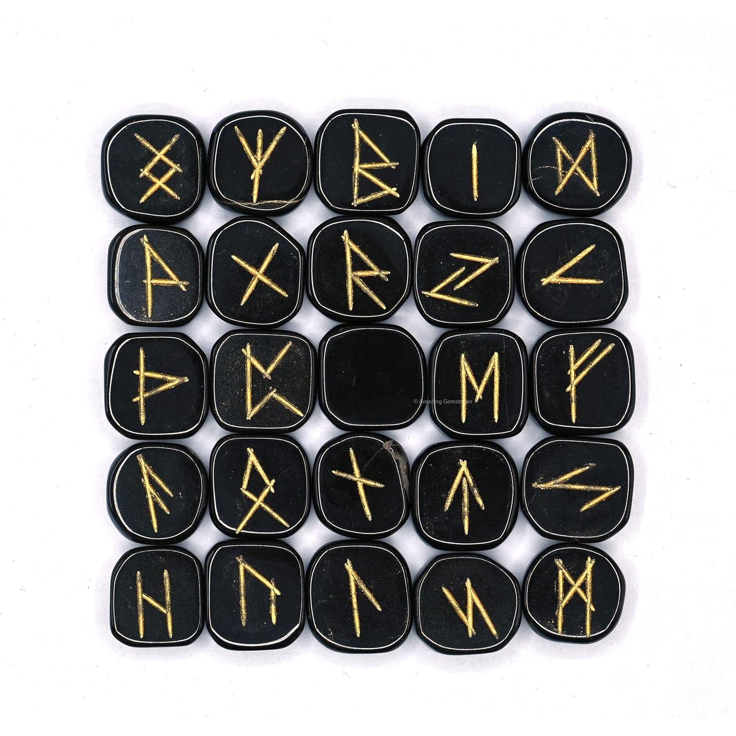 Conjunto de Runas de Turmalina Negra 25 Piezas con Libro PDF