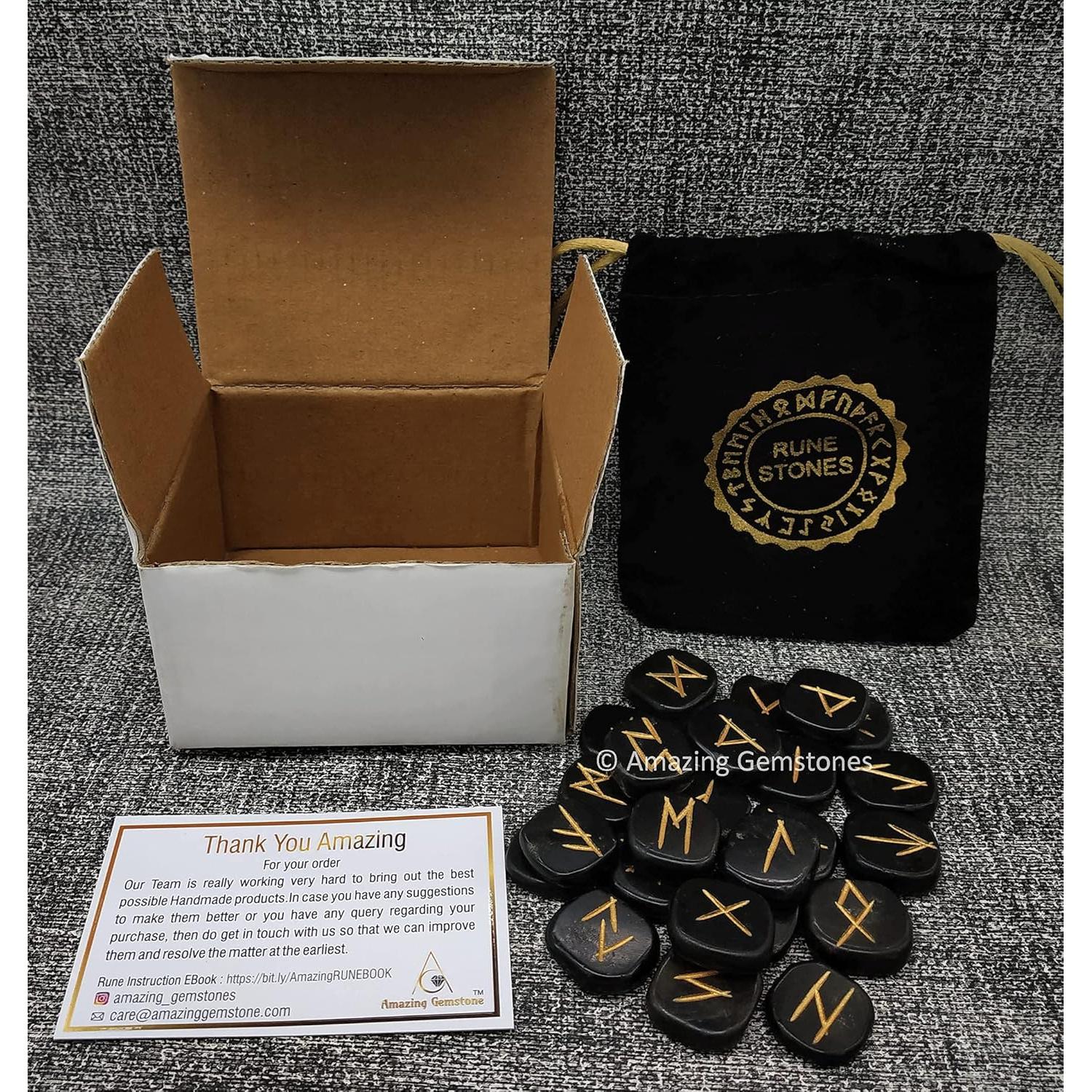 Conjunto de Runas de Turmalina Negra 25 Piezas con Libro PDF