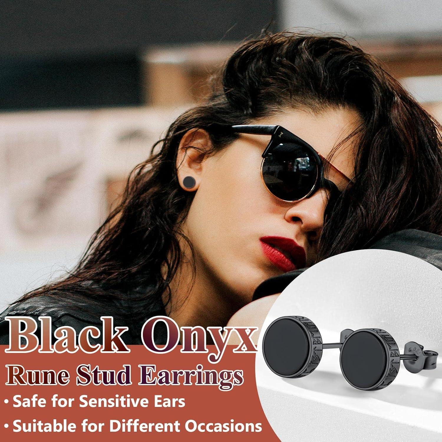 Pendientes de Plata Esterlina 925 con Ónix Negro Runa Vikinga