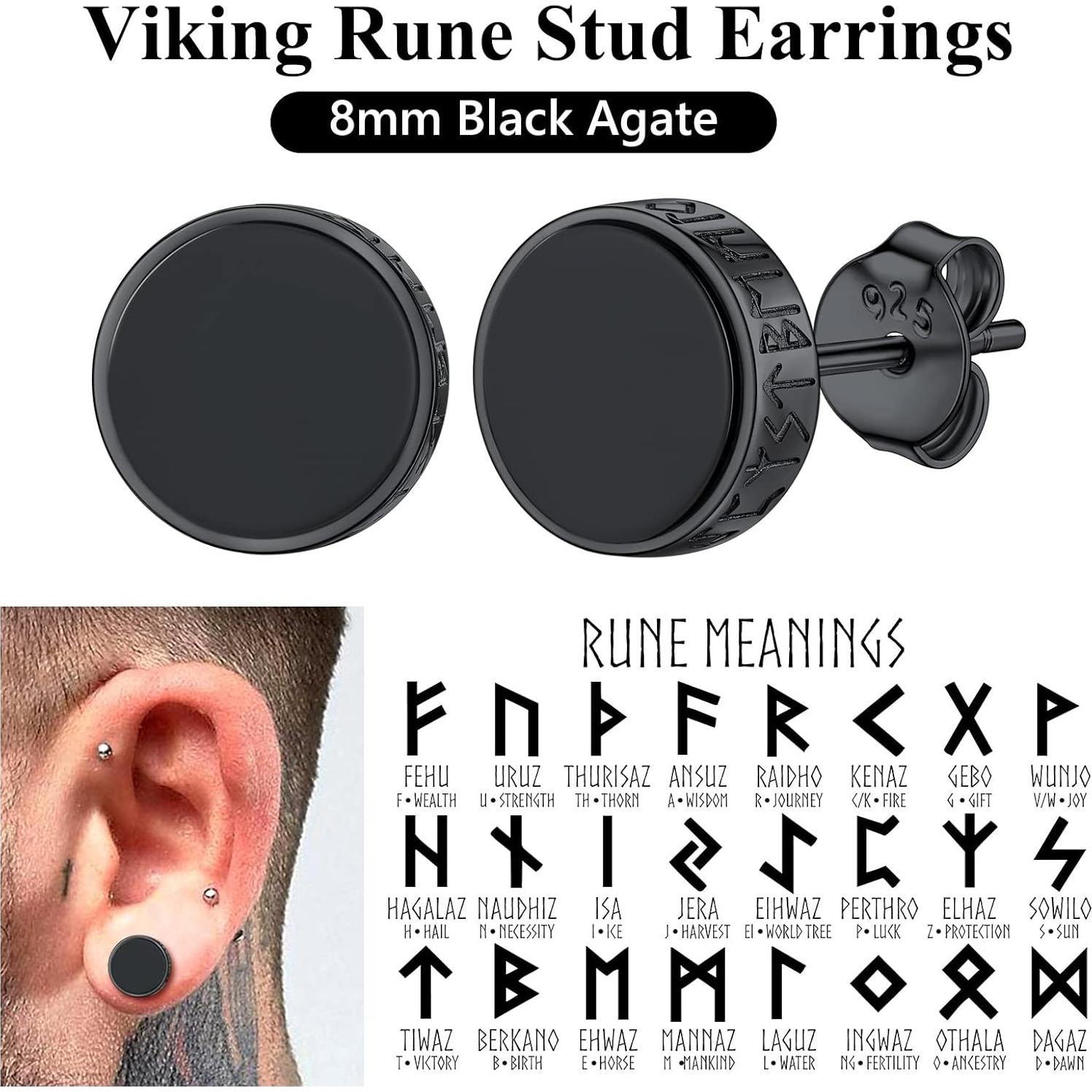 Pendientes de Plata Esterlina 925 con Ónix Negro Runa Vikinga