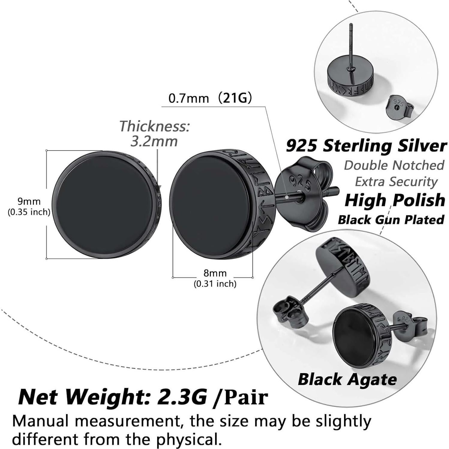 Pendientes de Plata Esterlina 925 con Ónix Negro Runa Vikinga