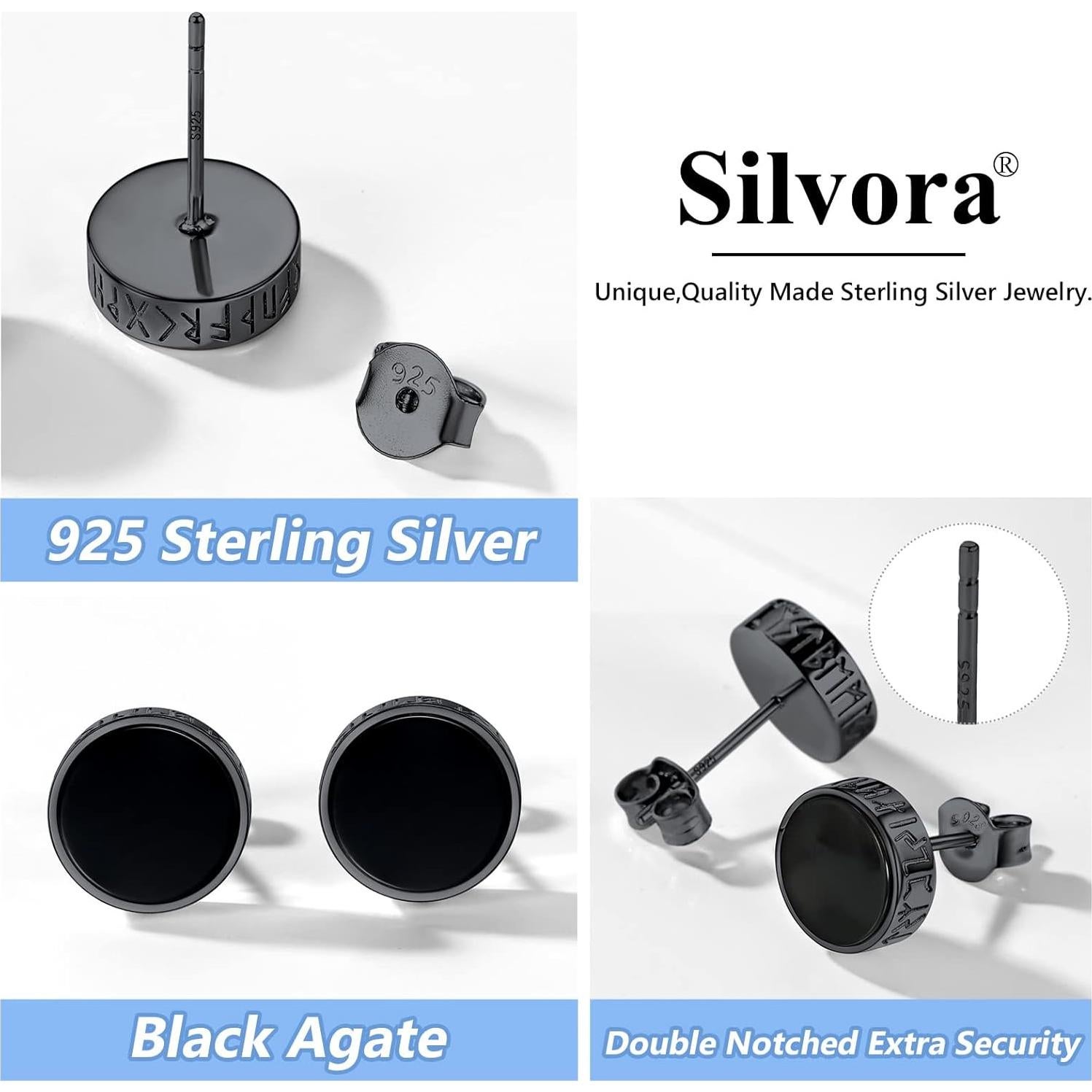 Pendientes de Plata Esterlina 925 con Ónix Negro Runa Vikinga