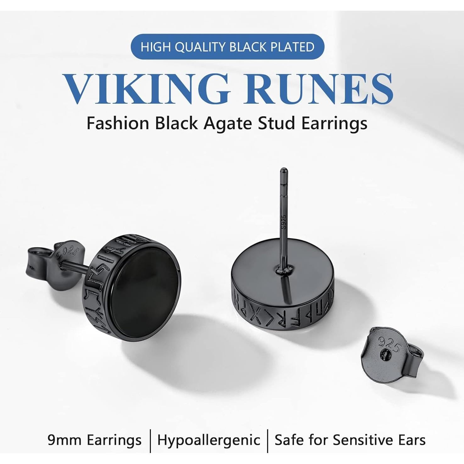 Pendientes de Plata Esterlina 925 con Ónix Negro Runa Vikinga