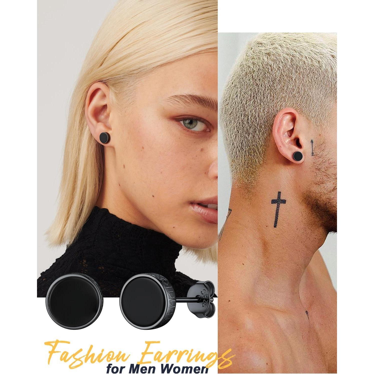 Pendientes de Stud U7 de Plata 925 con Ónix Negro y Runa Vikinga