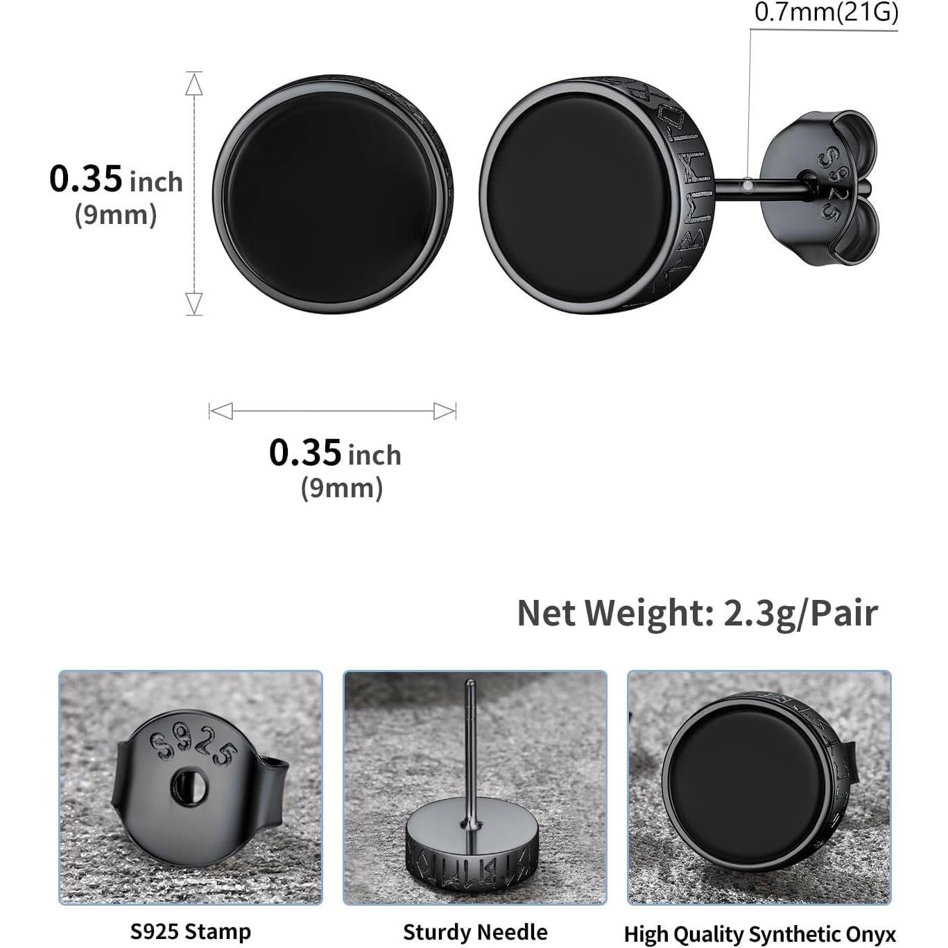Pendientes de Stud U7 de Plata 925 con Ónix Negro y Runa Vikinga