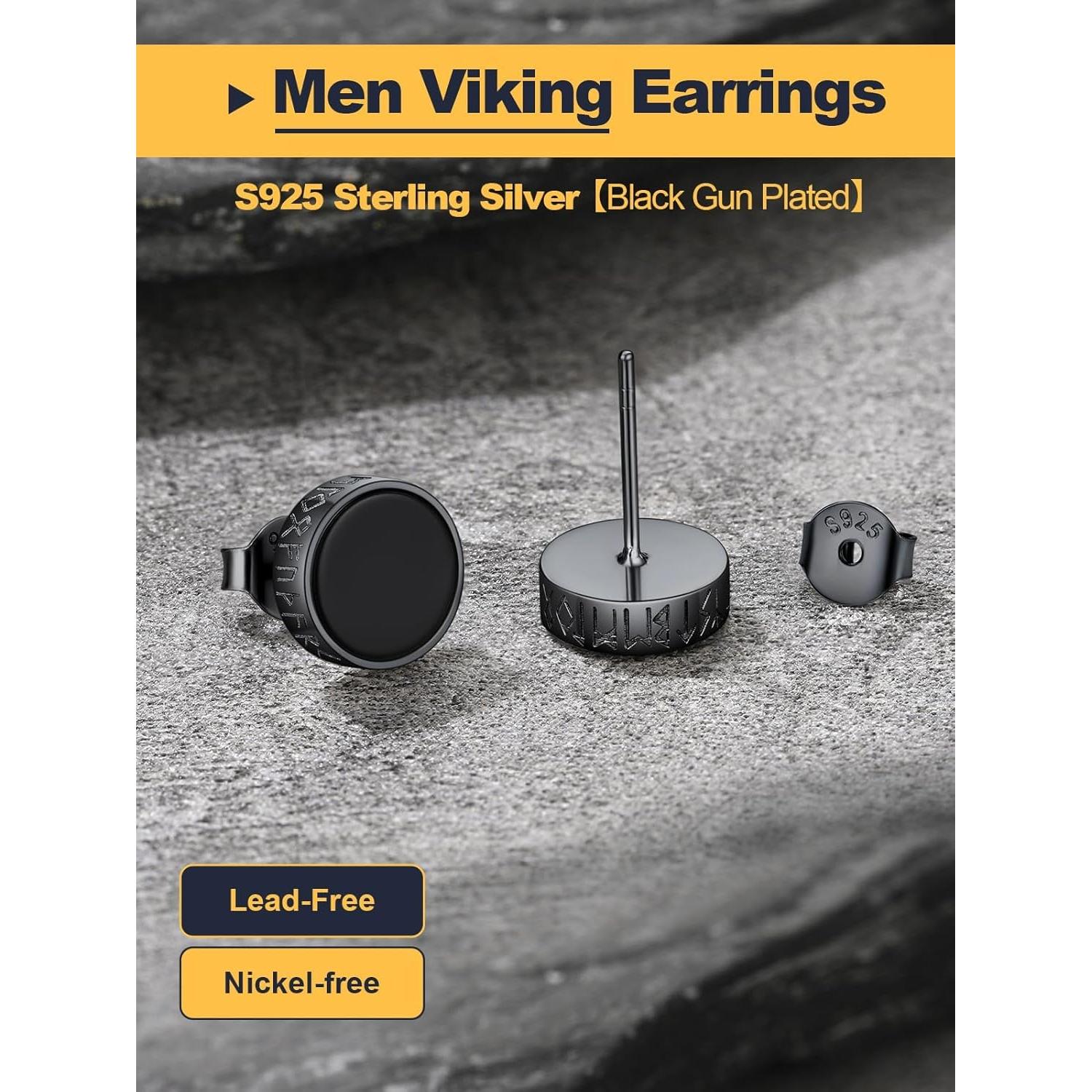 Pendientes de Stud U7 de Plata 925 con Ónix Negro y Runa Vikinga