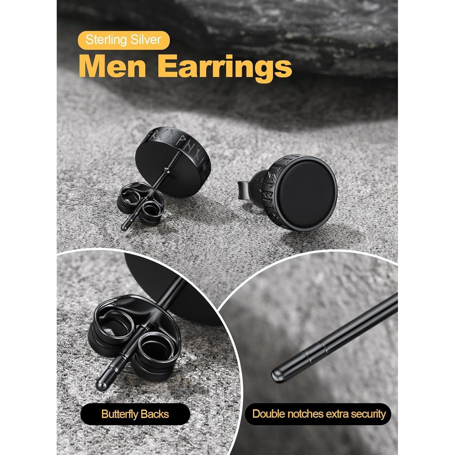 Pendientes de Stud U7 de Plata 925 con Ónix Negro y Runa Vikinga