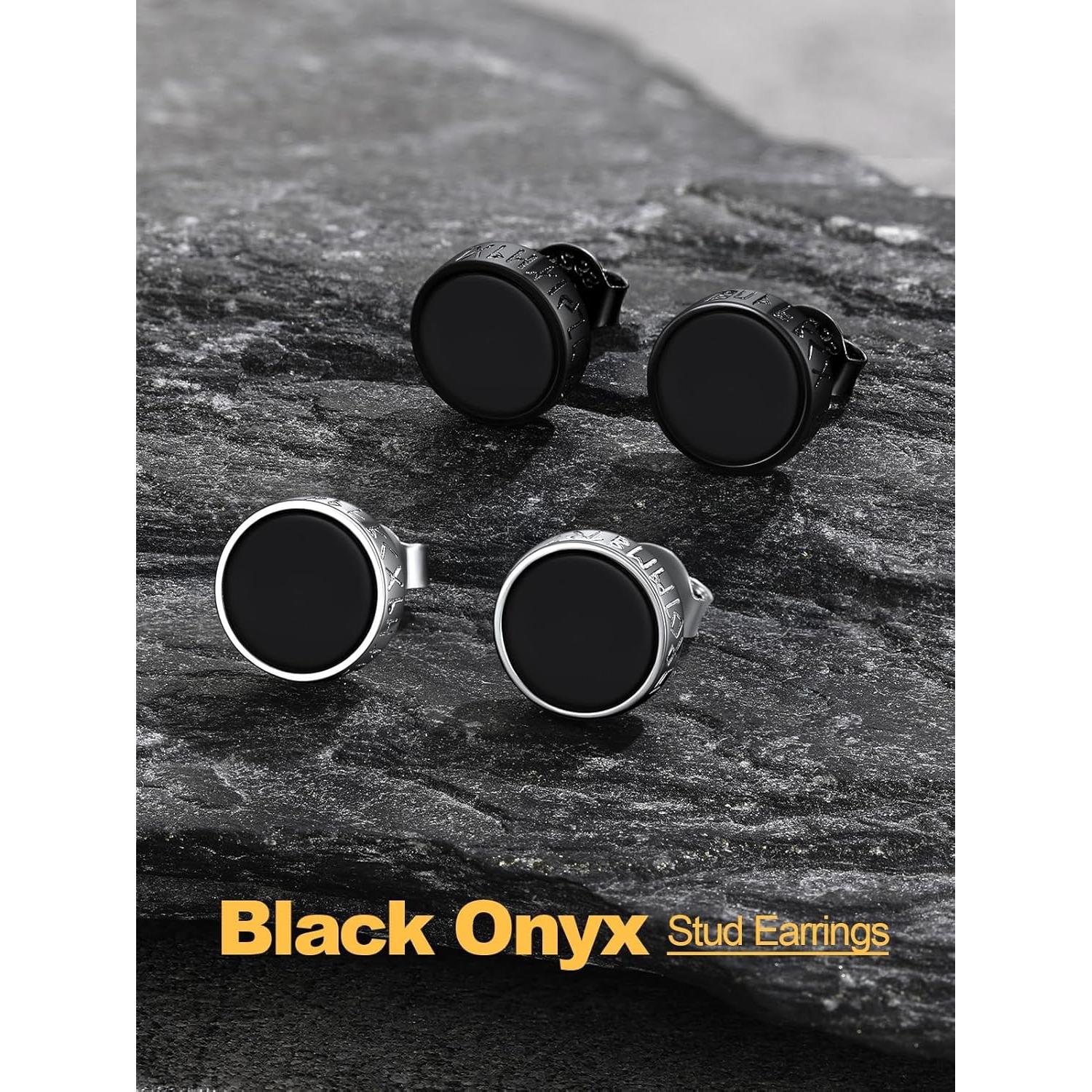 Pendientes de Stud U7 de Plata 925 con Ónix Negro y Runa Vikinga
