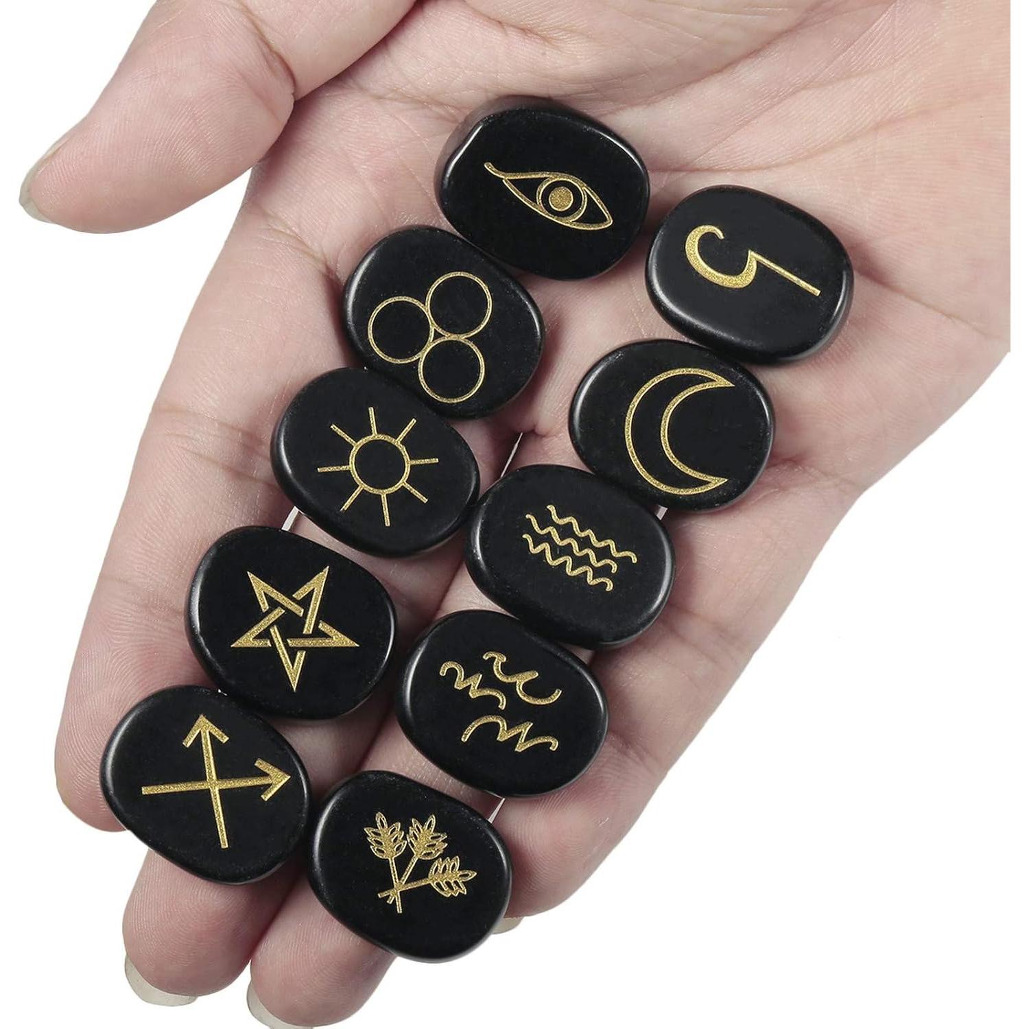 Conjunto de 10 Piedras Rúnicas de Obsidiana Negra Amogeeli