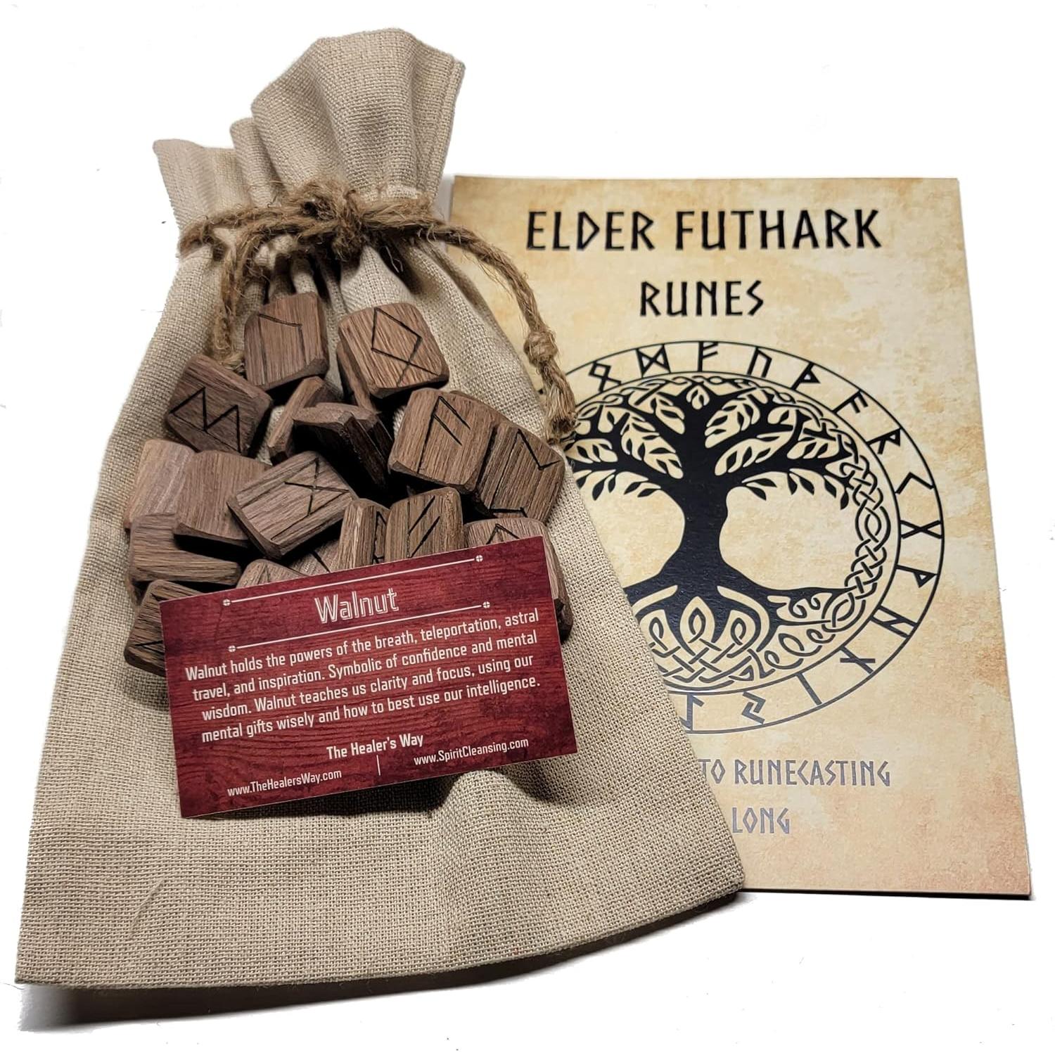 Juego de Runas de Madera de Nogal con Alfabeto Elder Futhark