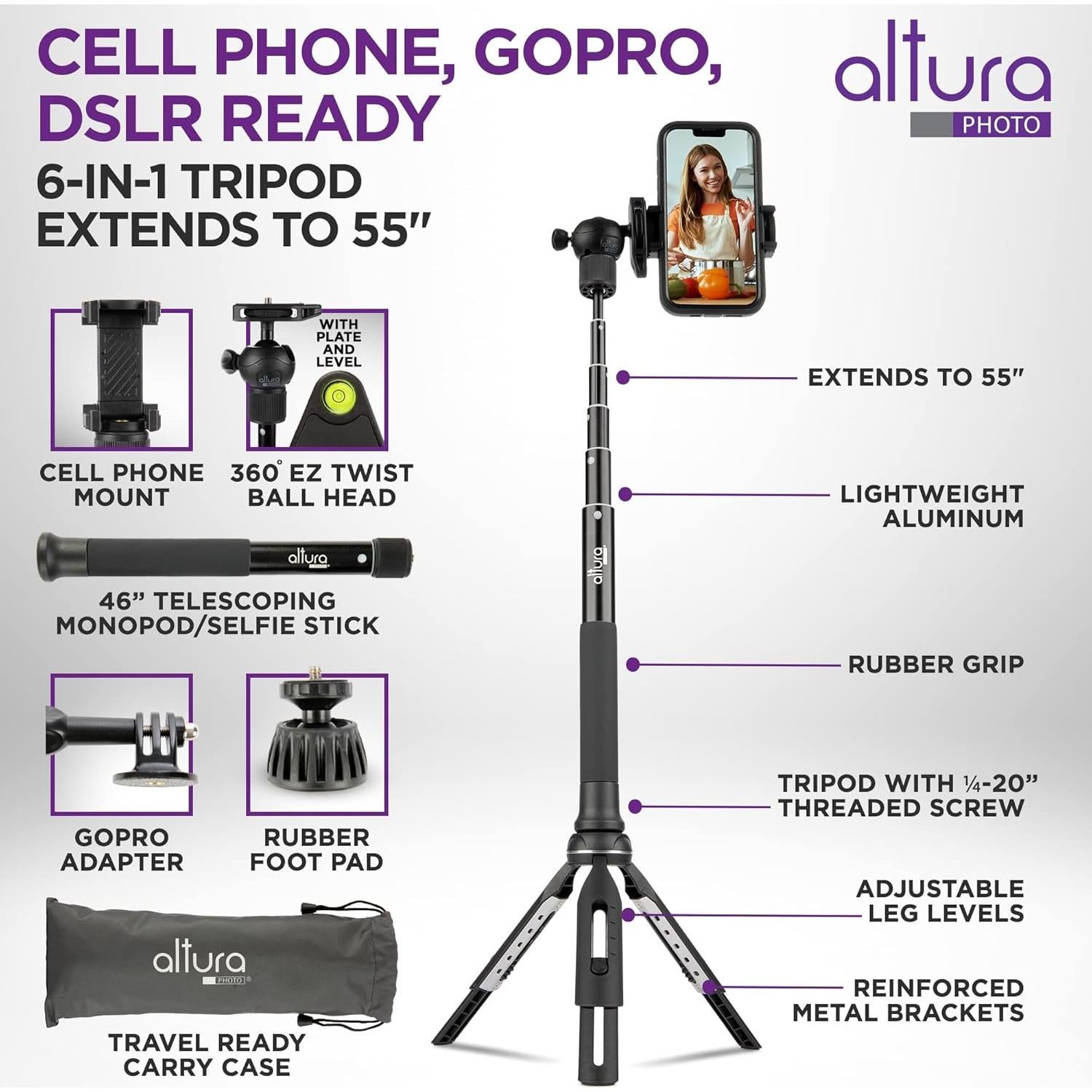 Trípode y Monopod Altura Photo 139.7 cm - Soporte Celular y GoPro