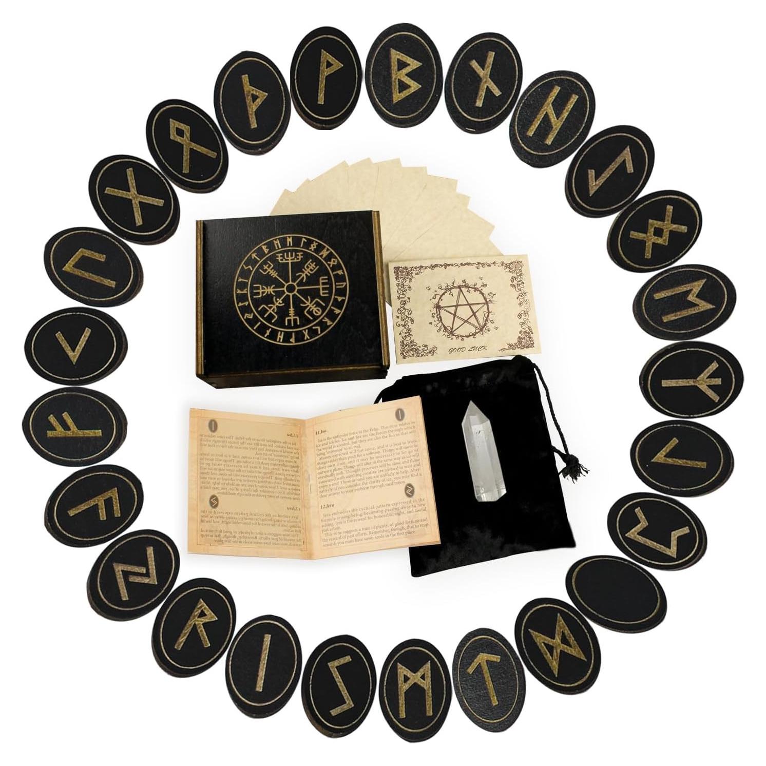 Conjunto de Runas de Madera Tirmanaz con Cristales y Guía