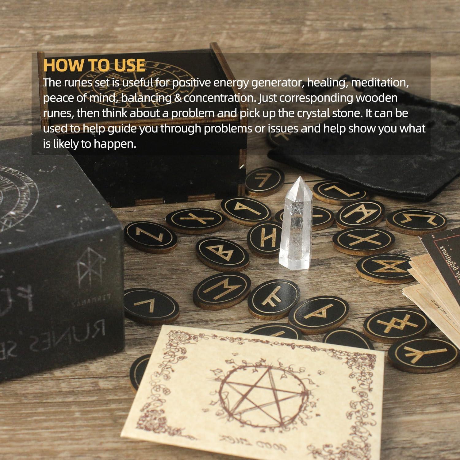 Conjunto de Runas de Madera Tirmanaz con Cristales y Guía