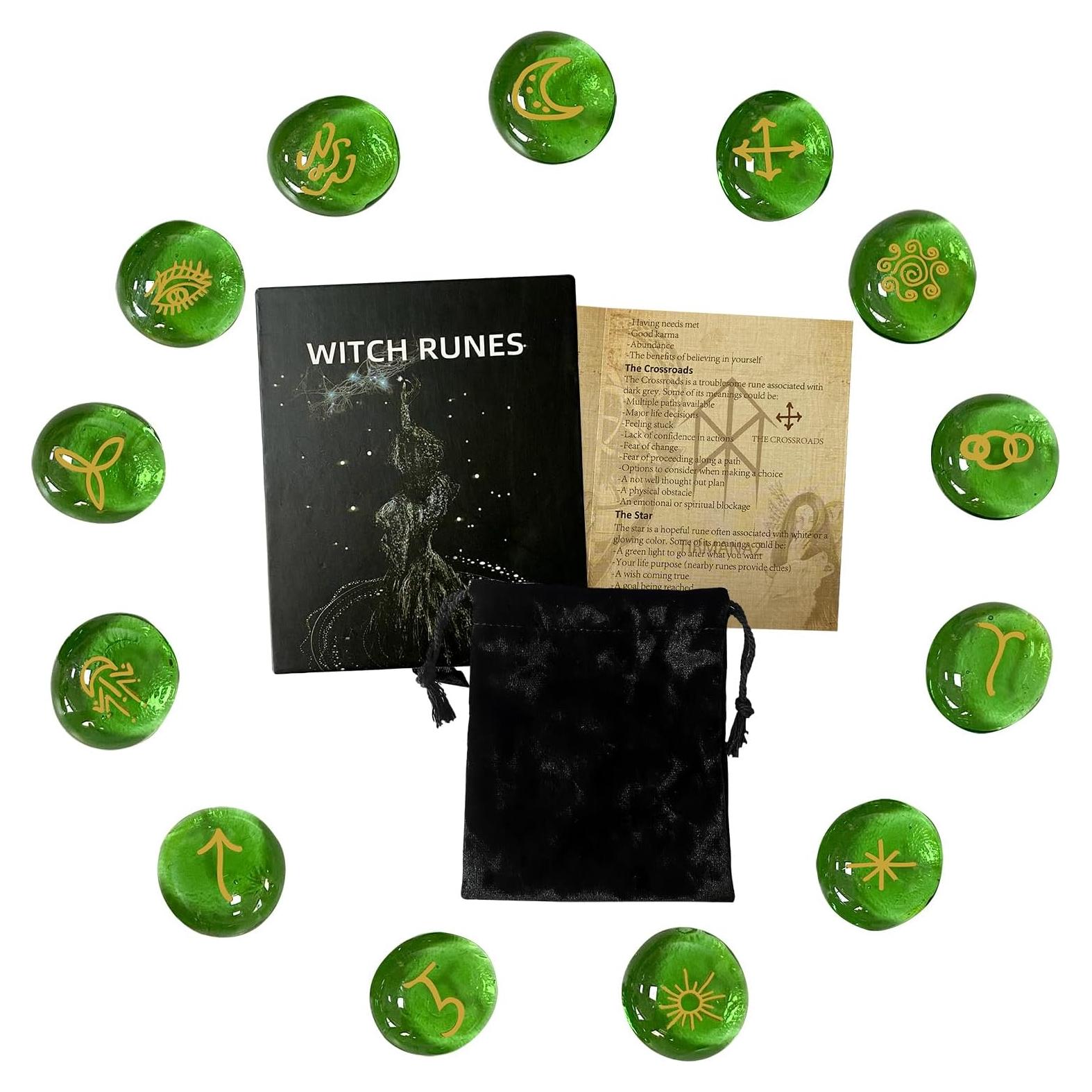 Conjunto de Runas Verdes Tirmanaz con Libro y Bolsa de Terciopelo