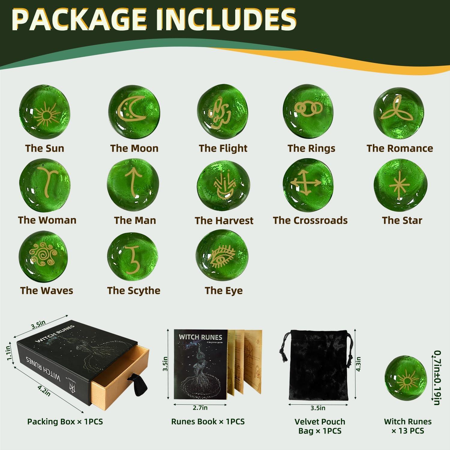 Conjunto de Runas Verdes Tirmanaz con Libro y Bolsa de Terciopelo