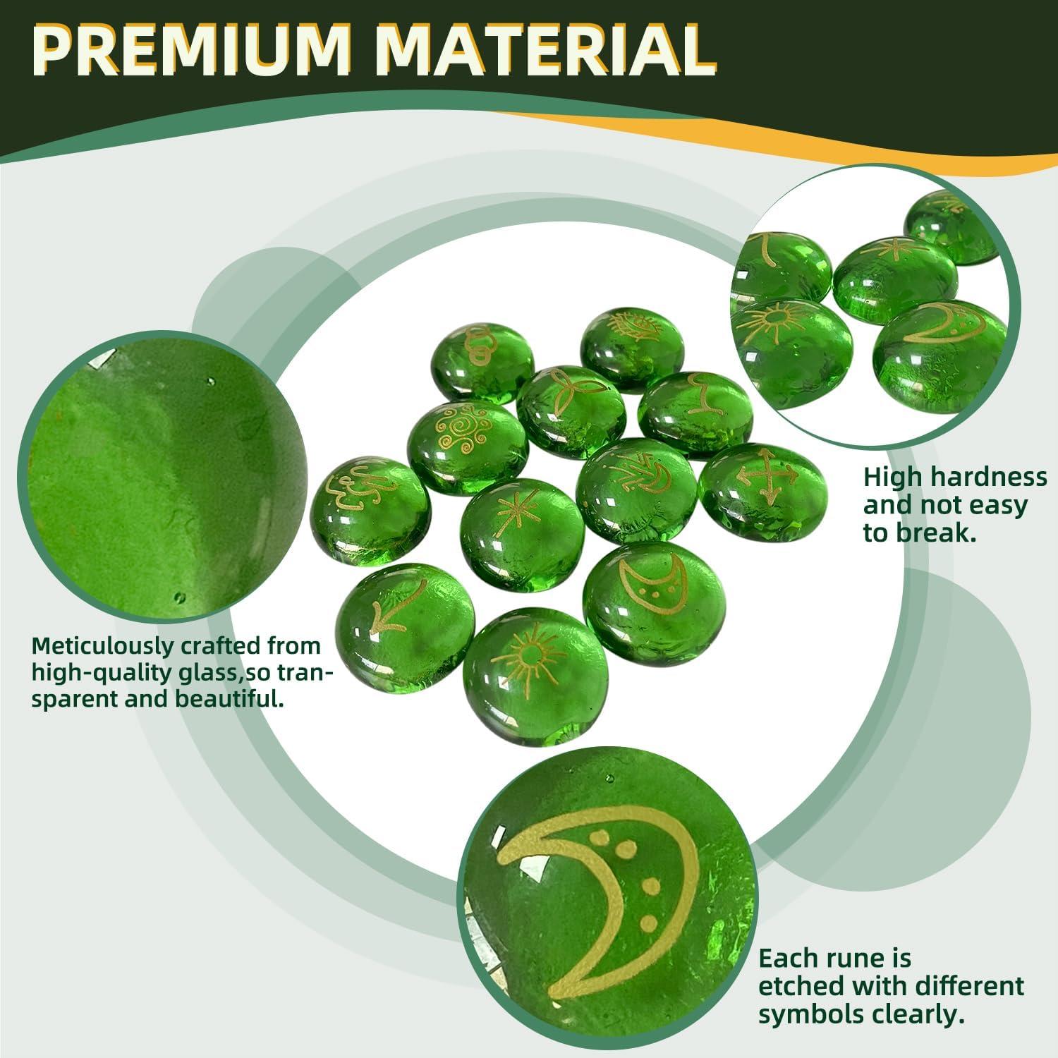 Conjunto de Runas Verdes Tirmanaz con Libro y Bolsa de Terciopelo