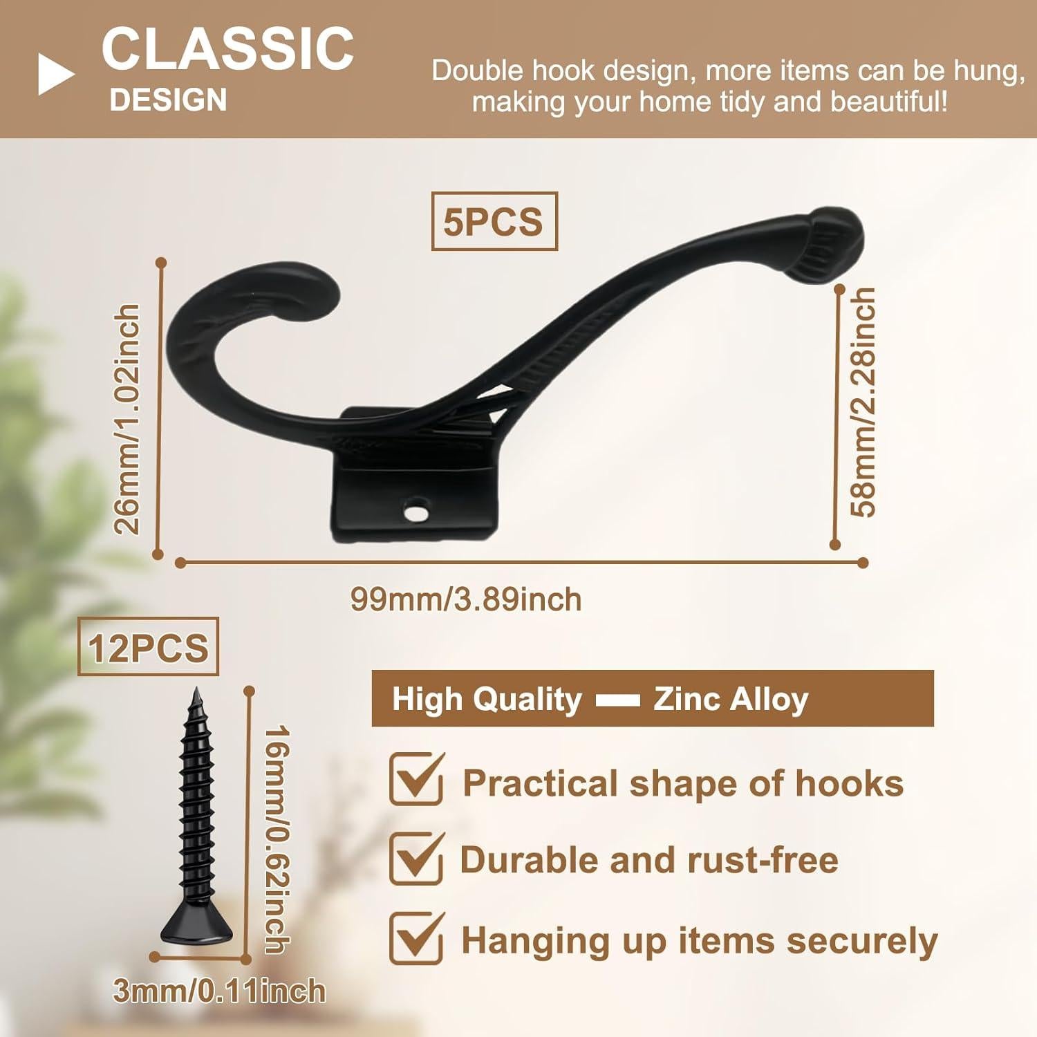 Paquete de 5 Ganchos de Pared Arimsoa Doble Gancho 10KG Negro