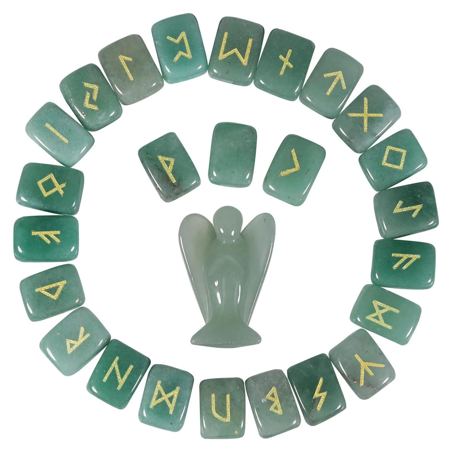 Juego de Piedras Rúnicas y Estatua de Ángel Guardián Verde