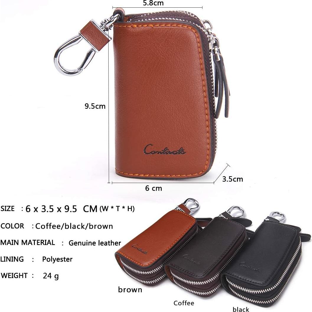 Funda de Llave de Coche CONTACTS de Cuero Marrón con Doble Cierre