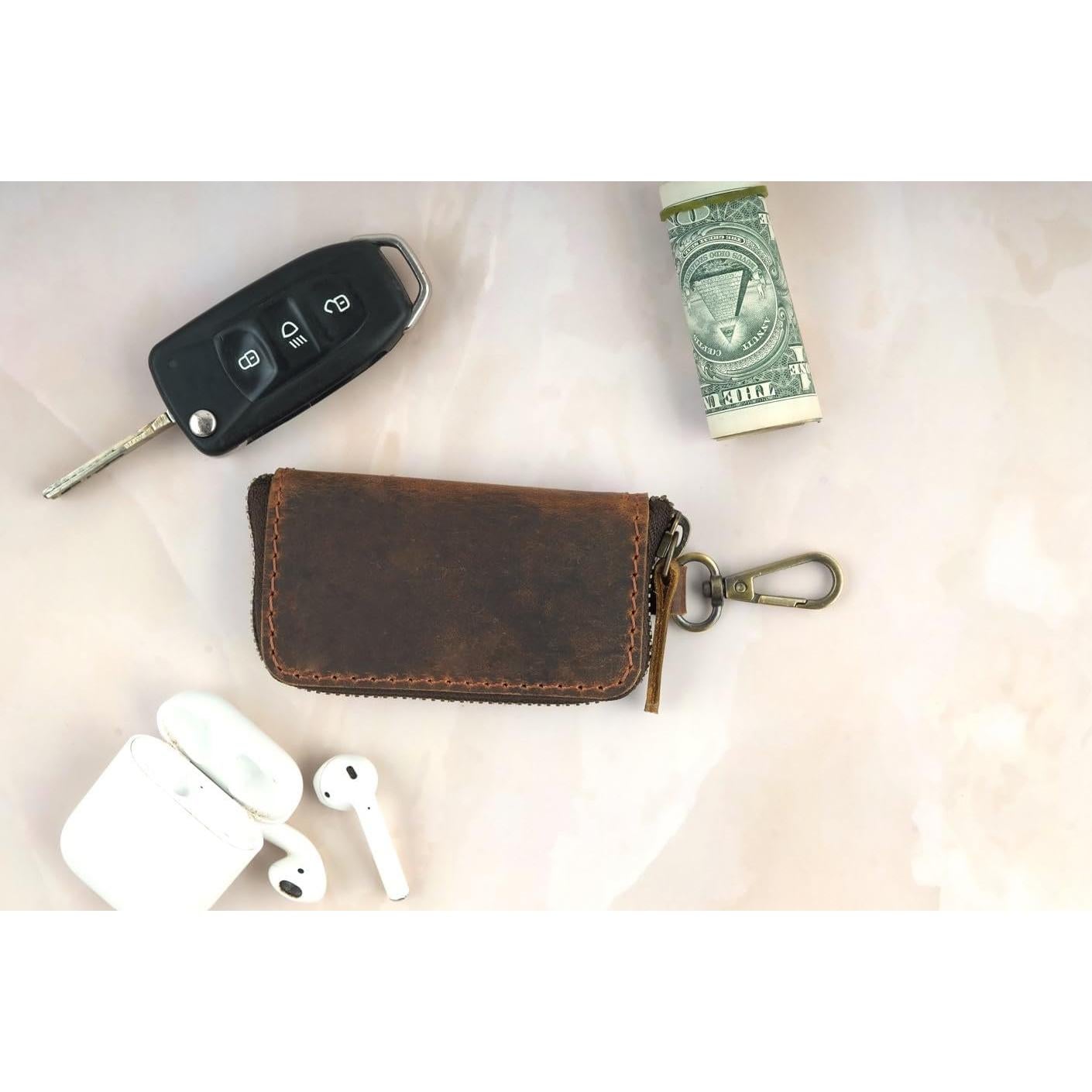 Porta Llaves de Coche y Monedero CestAntiQ de Cuero Hecho a Mano