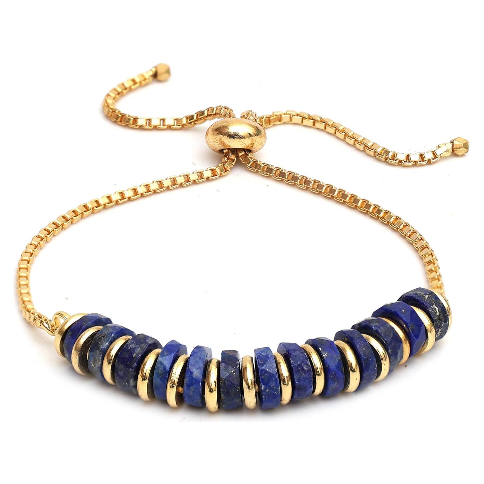 Pulsera Heishi de Lapis Lazuli Natural Baño Oro 14k Ajustable 20.32 cm