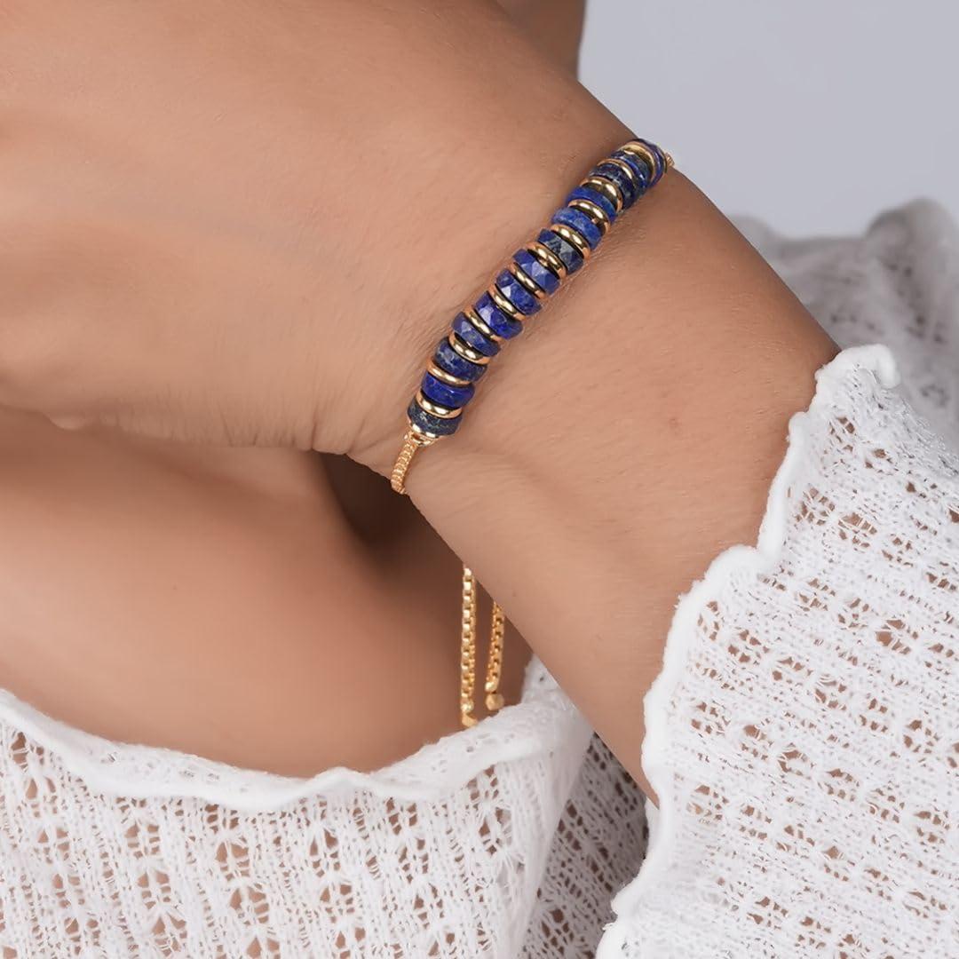 Pulsera Heishi de Lapis Lazuli Natural Baño Oro 14k Ajustable 20.32 cm