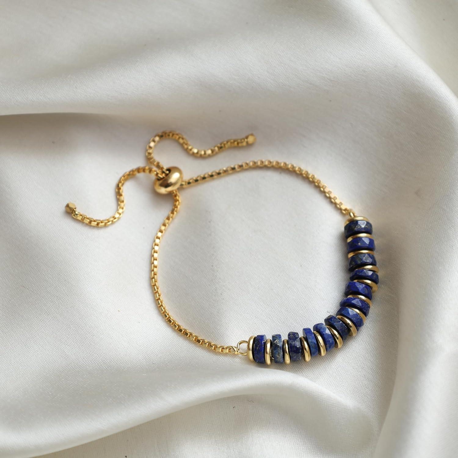 Pulsera Heishi de Lapis Lazuli Natural Baño Oro 14k Ajustable 20.32 cm