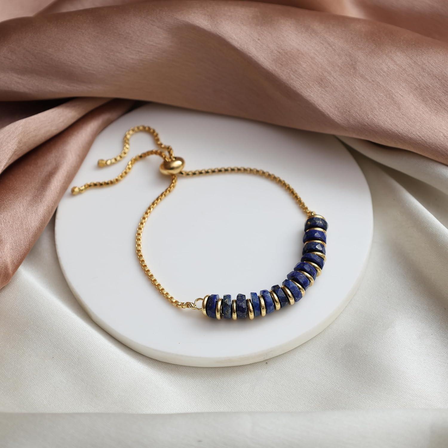 Pulsera Heishi de Lapis Lazuli Natural Baño Oro 14k Ajustable 20.32 cm