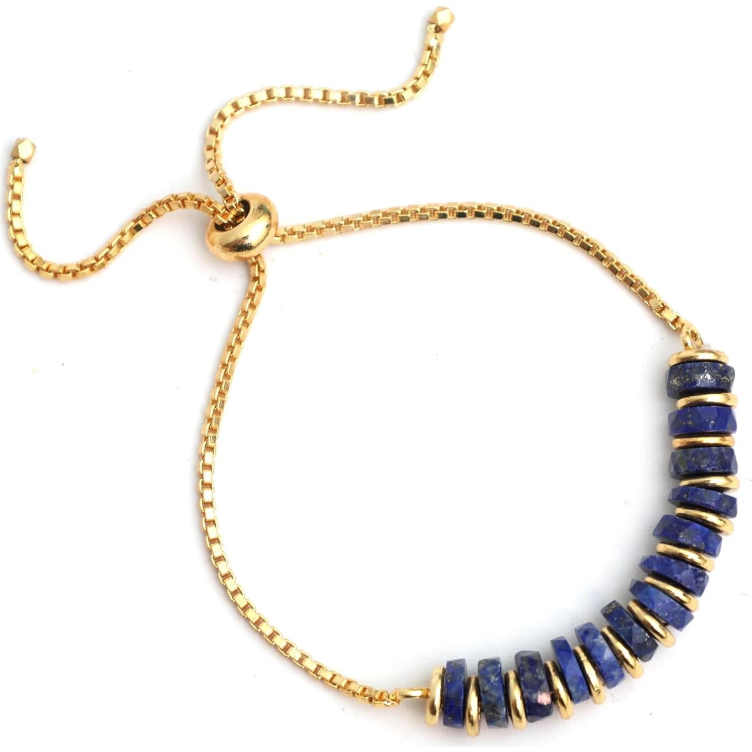 Pulsera Heishi de Lapis Lazuli Natural Baño Oro 14k Ajustable 20.32 cm
