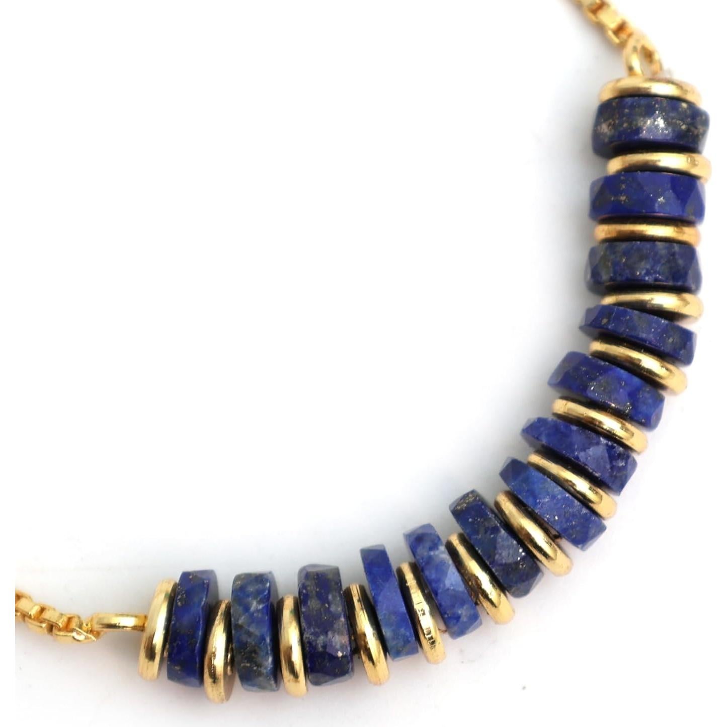 Pulsera Heishi de Lapis Lazuli Natural Baño Oro 14k Ajustable 20.32 cm