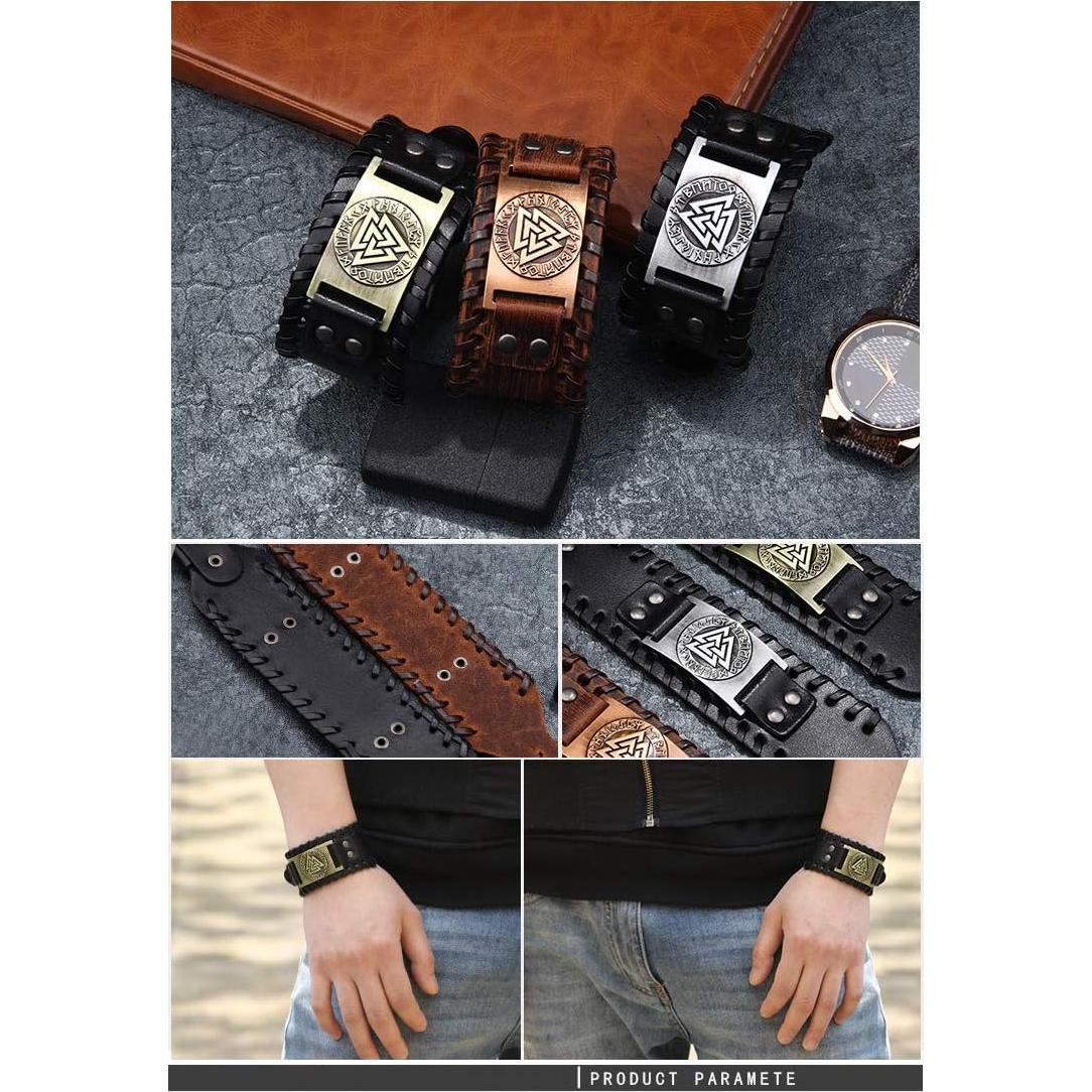 Pulsera de Cuero Gótica GelConnie Viking con Amuleto Nórdico