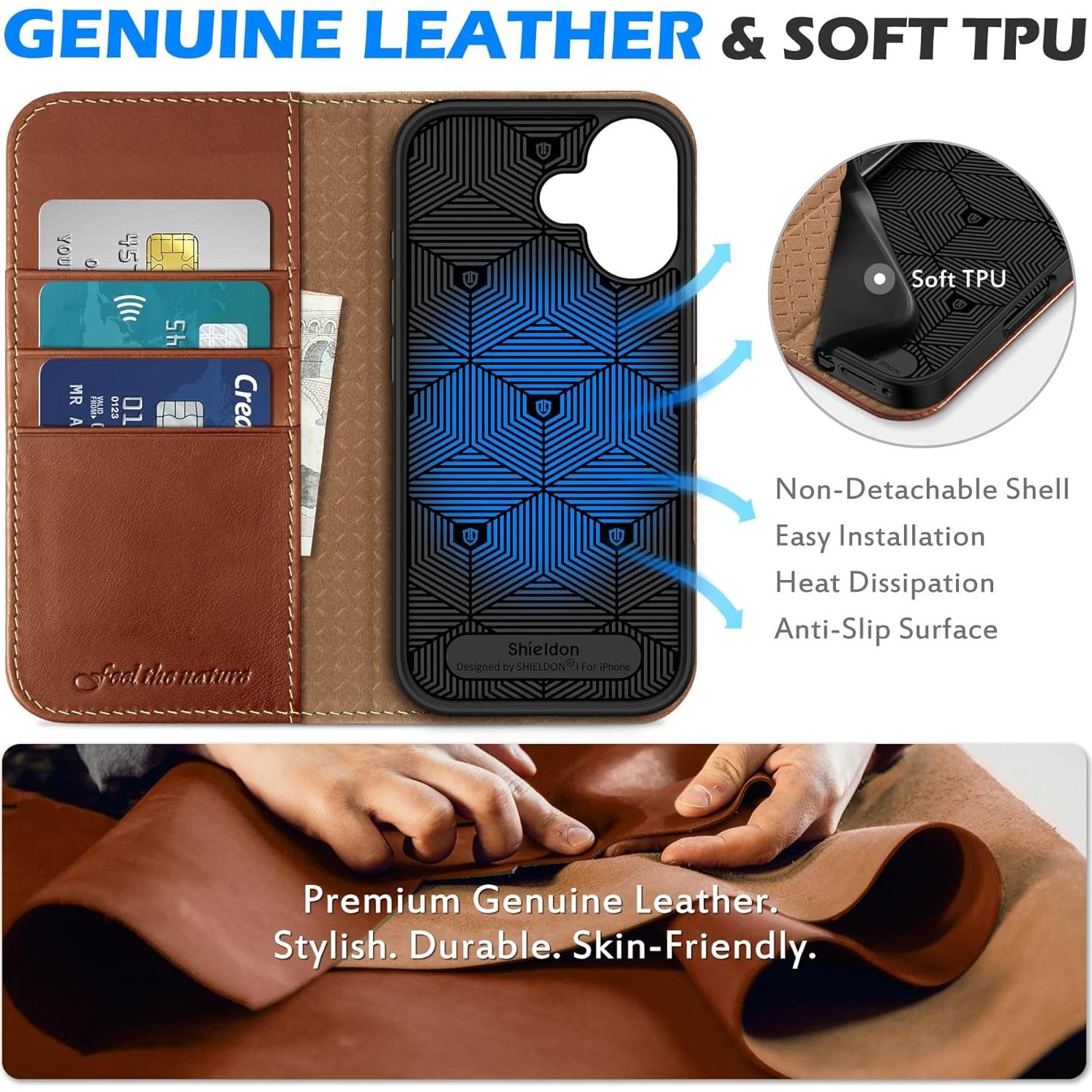 Funda Cartera Cuero Genuino SHIELDON para iPhone 17 6.3" 5G