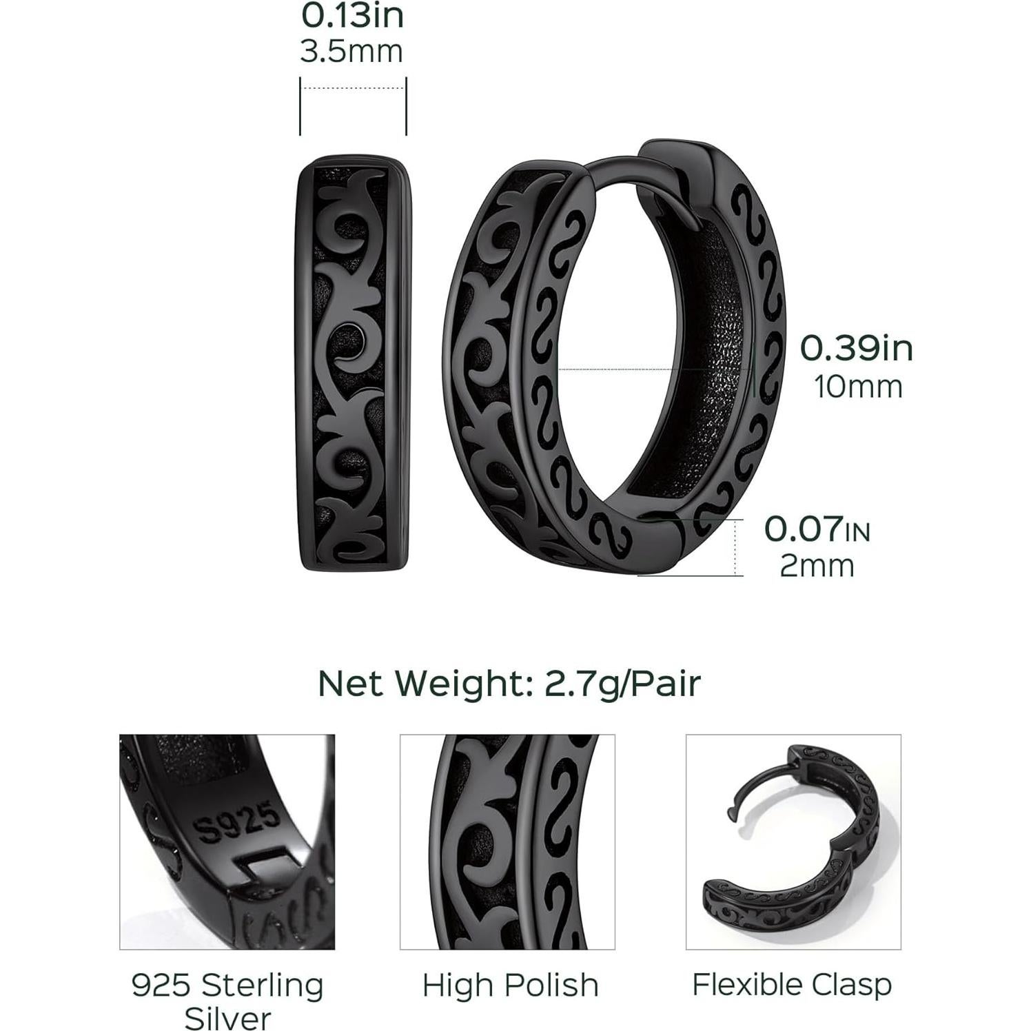 Pendientes de Plata de Ley 925 ChicSilver con Ónix Negro para Hombres