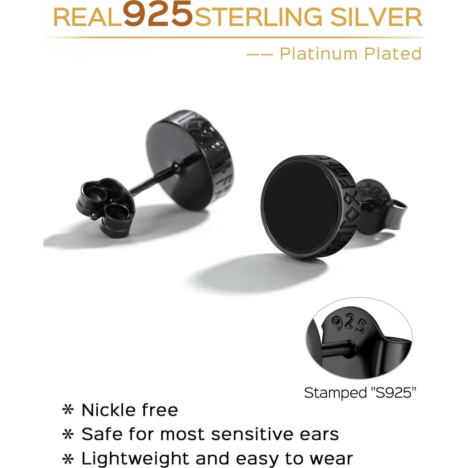 Pendientes de Plata de Ley 925 ChicSilver con Ónix Negro para Hombres