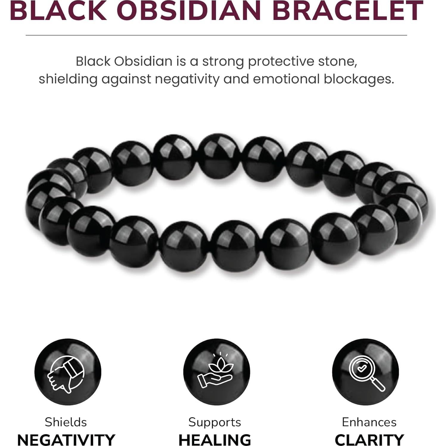 Pulsera de Cuentas de Obsidiana Negra 8mm Ajustable Unisex