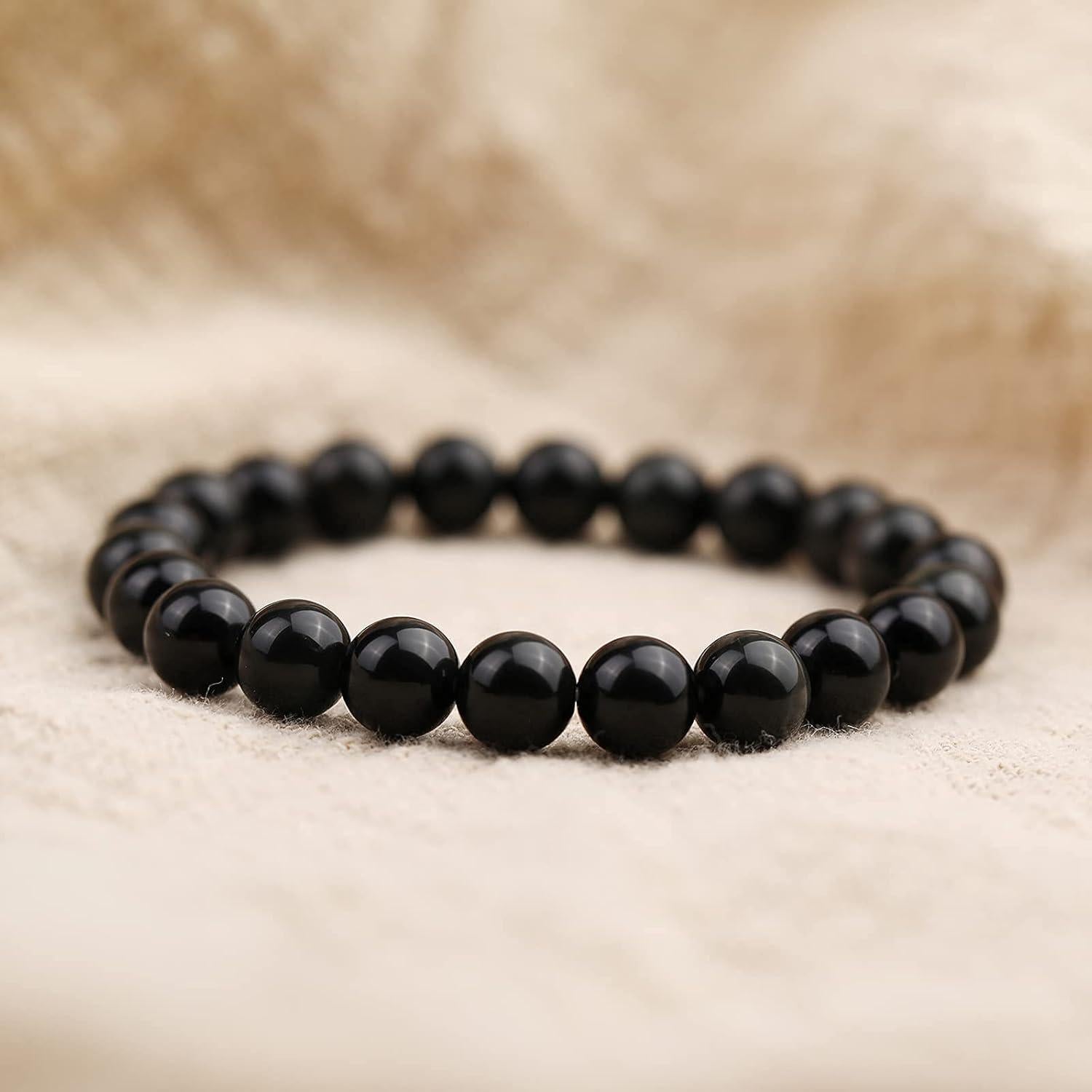 Pulsera de Cuentas de Obsidiana Negra 8mm Ajustable Unisex