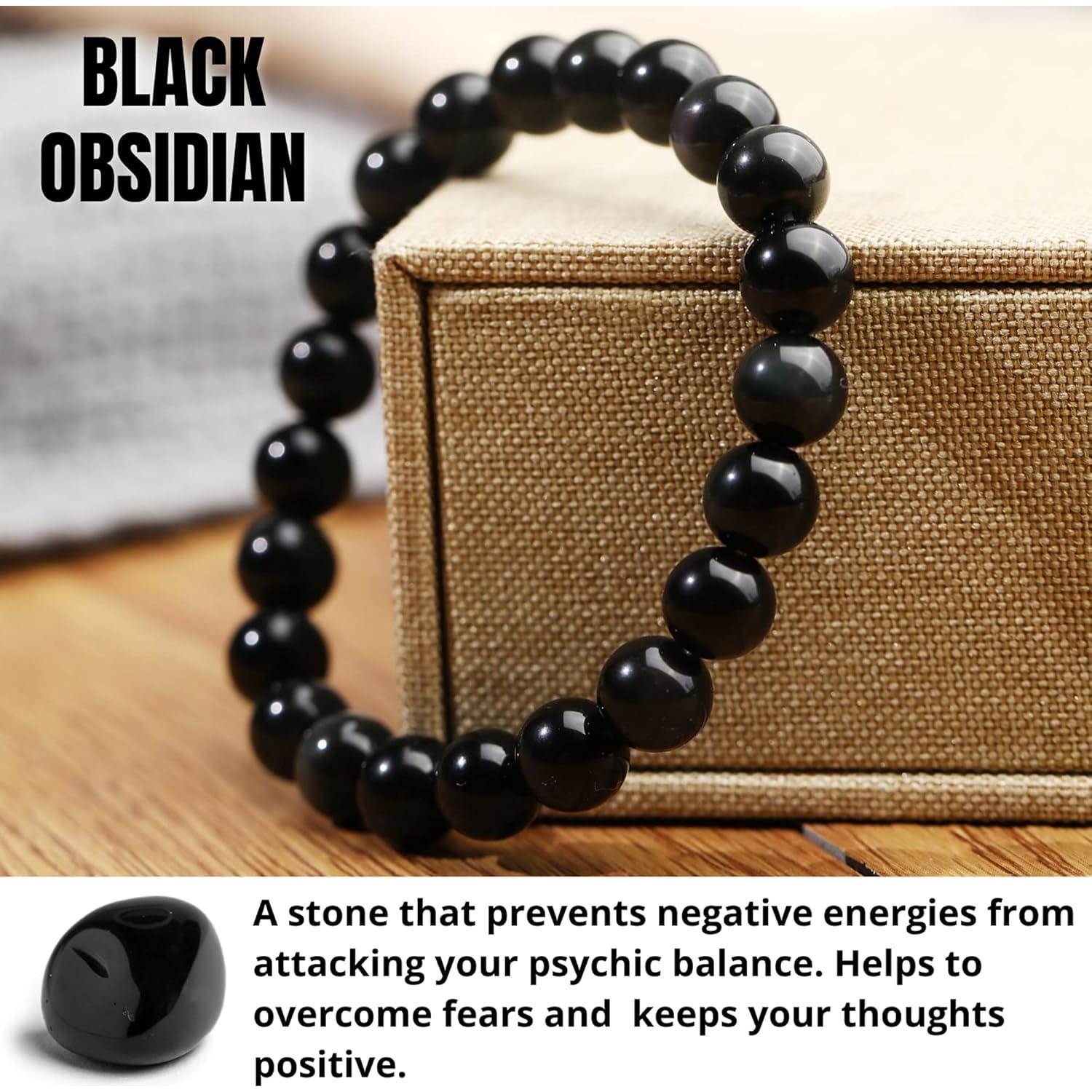 Pulsera de Cuentas de Obsidiana Negra 8mm Ajustable Unisex
