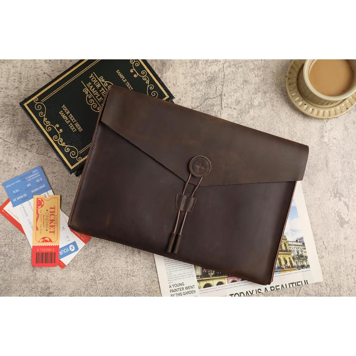 Carpeta de Cuero Genuino GZRHKJ para Laptop 15" Caqui Oscuro